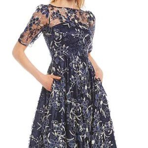 Illusion Boat Neck 3/4 Sleeve Embroidered Lace Midi Dress, Navy Blue, Size 10